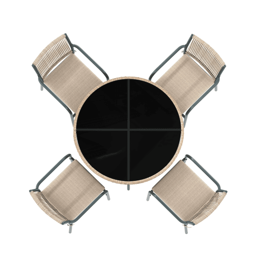 Conjunto de jardim para 4 pessoas - mesa redonda de vidro e 4 cadeiras de vime - cinza