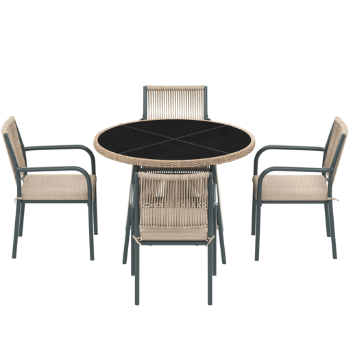 Conjunto de jardim para 4 pessoas - mesa redonda de vidro e 4 cadeiras de vime - cinza