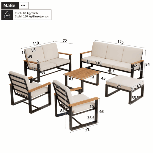 Conjunto de mobiliário de jardim para 7 pessoas - Sofás 3+2+1+1, mesa e apoio para os pés, madeira de acácia e aço galvanizado, design simples - bege