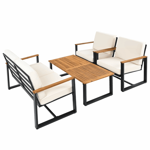 Conjunto de mobiliário de jardim para 7 pessoas - Sofás 3+2+1+1, mesa e apoio para os pés, madeira de acácia e aço galvanizado, design simples - bege