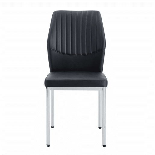 Conjunto de 4 cadeiras para sala de jantar - Encosto em PU preto com gravura vertical + pernas metálicas prateadas - Cor preta e prateada