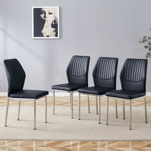 Conjunto de 4 cadeiras para sala de jantar - Encosto em PU preto com gravura vertical + pernas metálicas prateadas - Cor preta e prateada