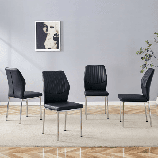 Conjunto de 4 cadeiras para sala de jantar - Encosto em PU preto com gravura vertical + pernas metálicas prateadas - Cor preta e prateada