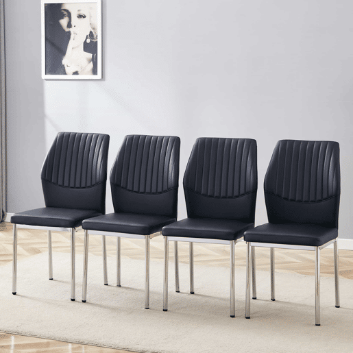 Conjunto de 4 cadeiras para sala de jantar - Encosto em PU preto com gravura vertical + pernas metálicas prateadas - Cor preta e prateada