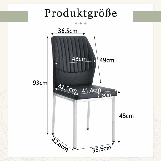 Conjunto de 4 cadeiras para sala de jantar - Encosto em PU preto com gravura vertical + pernas metálicas prateadas - Cor preta e prateada