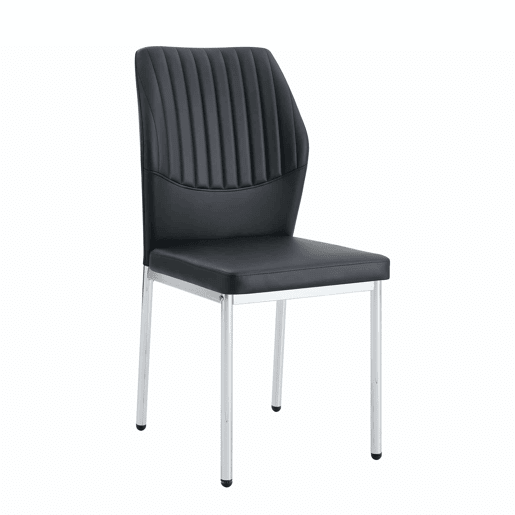 Conjunto de 4 cadeiras para sala de jantar - Encosto em PU preto com gravura vertical + pernas metálicas prateadas - Cor preta e prateada