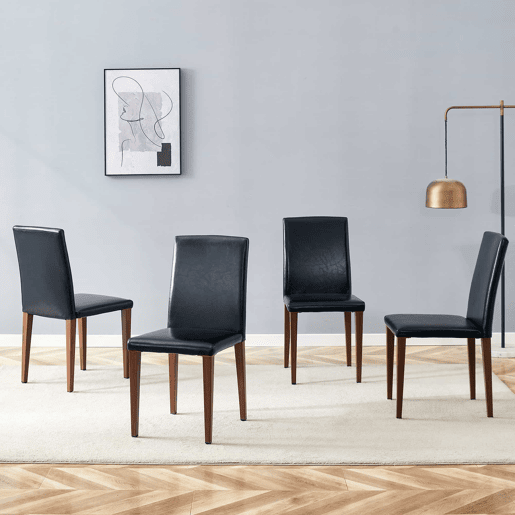 Conjunto de 4 cadeiras de jantar - design minimalista, assento em PU preto e pernas metálicas com efeito nogueira - Nogueira+Preto