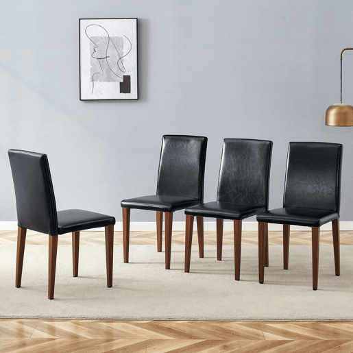 Conjunto de 4 cadeiras de jantar - design minimalista, assento em PU preto e pernas metálicas com efeito nogueira - Nogueira+Preto