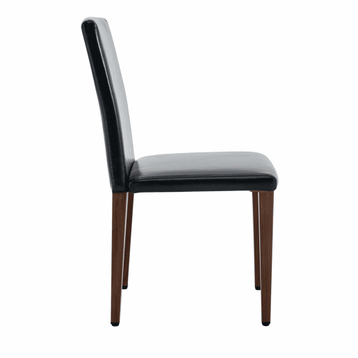 Conjunto de 4 cadeiras de jantar - design minimalista, assento em PU preto e pernas metálicas com efeito nogueira - Nogueira+Preto
