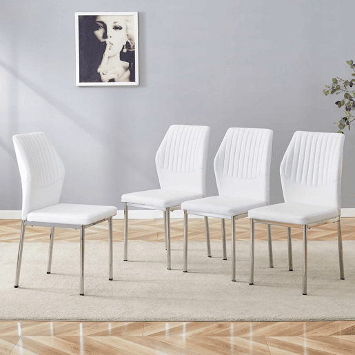 Conjunto de 4 cadeiras de jantar - Estilo leve-luxuoso, encosto em PU branco com padrão vertical + pernas metálicas prateadas - Branco + Prateado