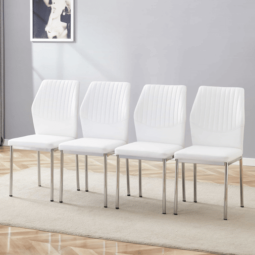 Conjunto de 4 cadeiras de jantar - Estilo leve-luxuoso, encosto em PU branco com padrão vertical + pernas metálicas prateadas - Branco + Prateado