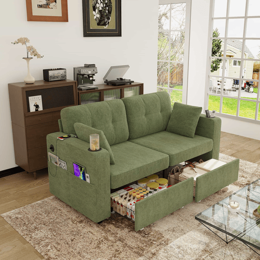 Sofá de 2 lugares - com arrumação, porta-USB, porta-copos e bolsos laterais - verde-oliva
