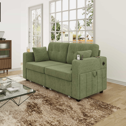 Sofá de 2 lugares - com arrumação, porta-USB, porta-copos e bolsos laterais - verde-oliva