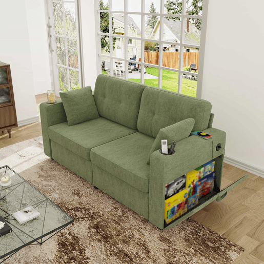 Sofá de 2 lugares - com arrumação, porta-USB, porta-copos e bolsos laterais - verde-oliva