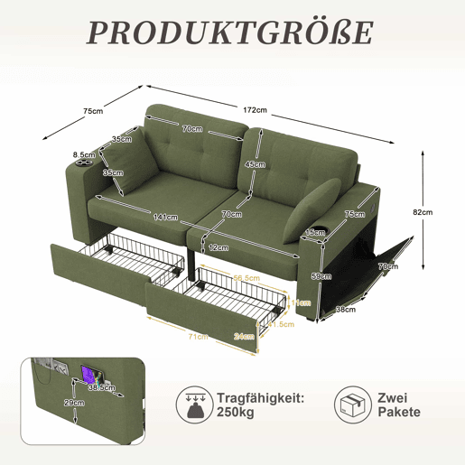 Sofá de 2 lugares - com arrumação, porta-USB, porta-copos e bolsos laterais - verde-oliva