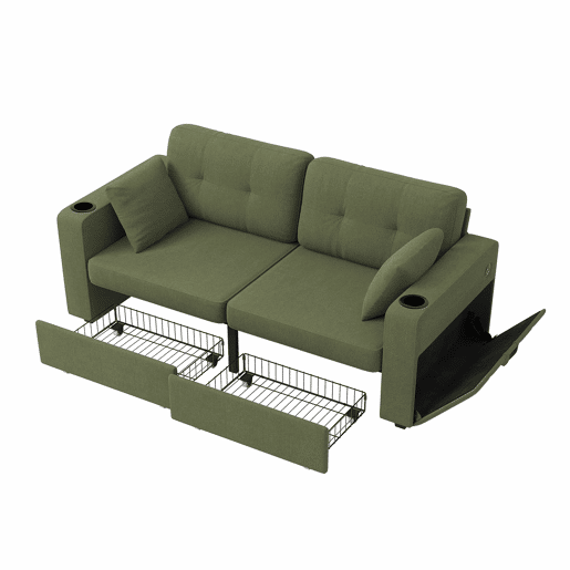 Sofá de 2 lugares - com arrumação, porta-USB, porta-copos e bolsos laterais - verde-oliva