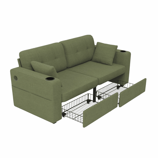 Sofá de 2 lugares - com arrumação, porta-USB, porta-copos e bolsos laterais - verde-oliva