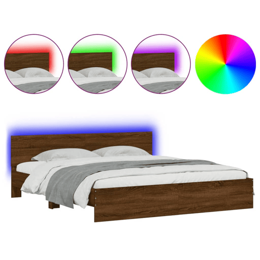 Estrutura de cama de casal c cabeceiraluzes LED - 200x200cm carvalho castanho
