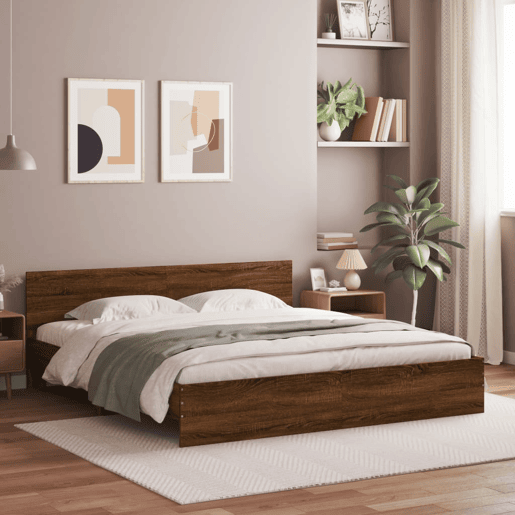Estrutura de cama de casal c cabeceiraluzes LED - 200x200cm carvalho castanho