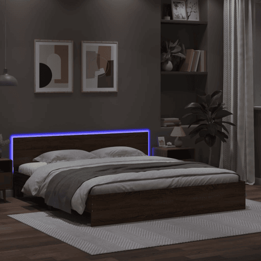 Estrutura de cama de casal c cabeceiraluzes LED - 200x200cm carvalho castanho