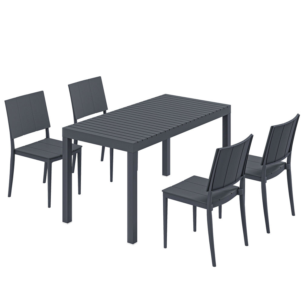Outsunny conjunto de mesa y sillas jardín de 5 piezas, muebles jardín exterior con mesa de tablero ranurado, 4 sillas apilables, marco metálico para 4 personas, para patio, terraza, gris oscuro