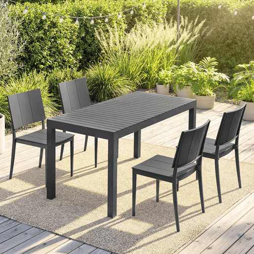 Outsunny Conjunto de Mesa e Cadeiras de Jardim 5 Peças, Mobiliário de Exterior com Mesa de Ripas, 4 Cadeiras Empilháveis, Estrutura Metálica para 4 Pessoas, para Pátio, Terraço, Cinzento Escuro