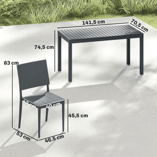 Outsunny Conjunto de Mesa e Cadeiras de Jardim 5 Peças, Mobiliário de Exterior com Mesa de Ripas, 4 Cadeiras Empilháveis, Estrutura Metálica para 4 Pessoas, para Pátio, Terraço, Cinzento Escuro