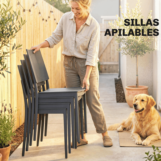 Outsunny Conjunto de Mesa e Cadeiras de Jardim 5 Peças, Mobiliário de Exterior com Mesa de Ripas, 4 Cadeiras Empilháveis, Estrutura Metálica para 4 Pessoas, para Pátio, Terraço, Cinzento Escuro