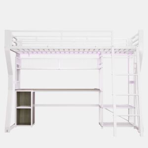 Cama alta 90x200 cm - estrutura em ferro com faixa de luz LED, tomada integrada, zona para pendurar roupa, secretária, prateleiras e espaço de arrumação, espaço aberto na parte inferior - branco
