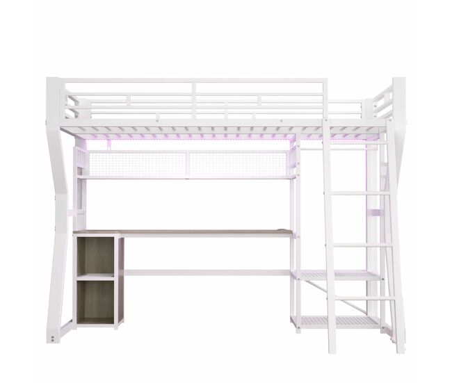 Cama alta 90x200 cm - estructura de hierro con tira de luz led, enchufe integrado, zona de colgar ropa, escritorio, estantes y espacio de