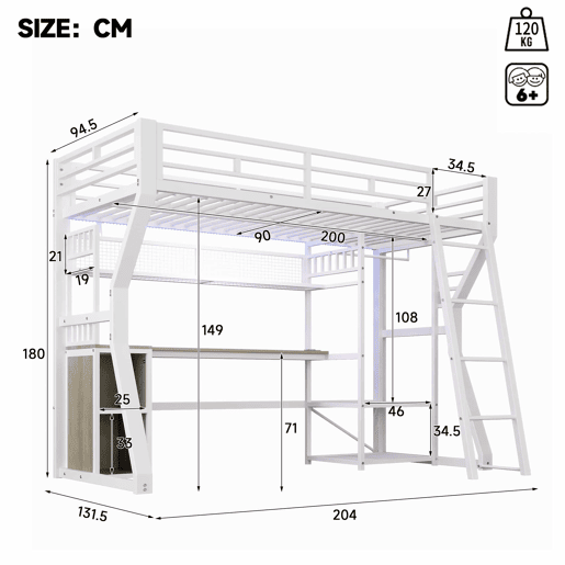 Cama alta 90x200 cm - estrutura em ferro com faixa de luz LED, tomada integrada, zona para pendurar roupa, secretária, prateleiras e espaço de arrumação, espaço aberto na parte inferior - branco