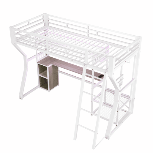 Cama alta 90x200 cm - estrutura em ferro com faixa de luz LED, tomada integrada, zona para pendurar roupa, secretária, prateleiras e espaço de arrumação, espaço aberto na parte inferior - branco