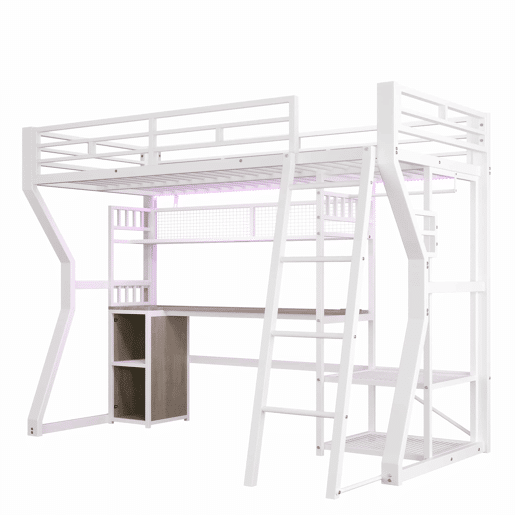 Cama alta 90x200 cm - estrutura em ferro com faixa de luz LED, tomada integrada, zona para pendurar roupa, secretária, prateleiras e espaço de arrumação, espaço aberto na parte inferior - branco