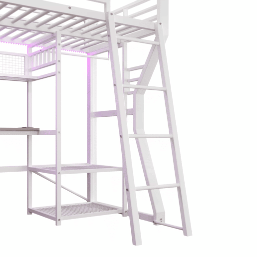 Cama alta 90x200 cm - estrutura em ferro com faixa de luz LED, tomada integrada, zona para pendurar roupa, secretária, prateleiras e espaço de arrumação, espaço aberto na parte inferior - branco