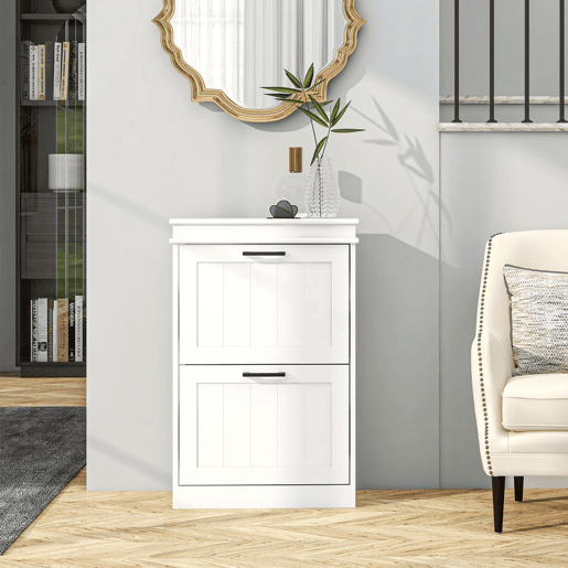 HOMCOM Sapateira Estreita com 2 Portas Rebatíveis, Sapateira de Entrada com Prateleiras Ajustáveis, para 10 Pares de Sapatos, Para Corredor, Espaços Pequenos, Branco