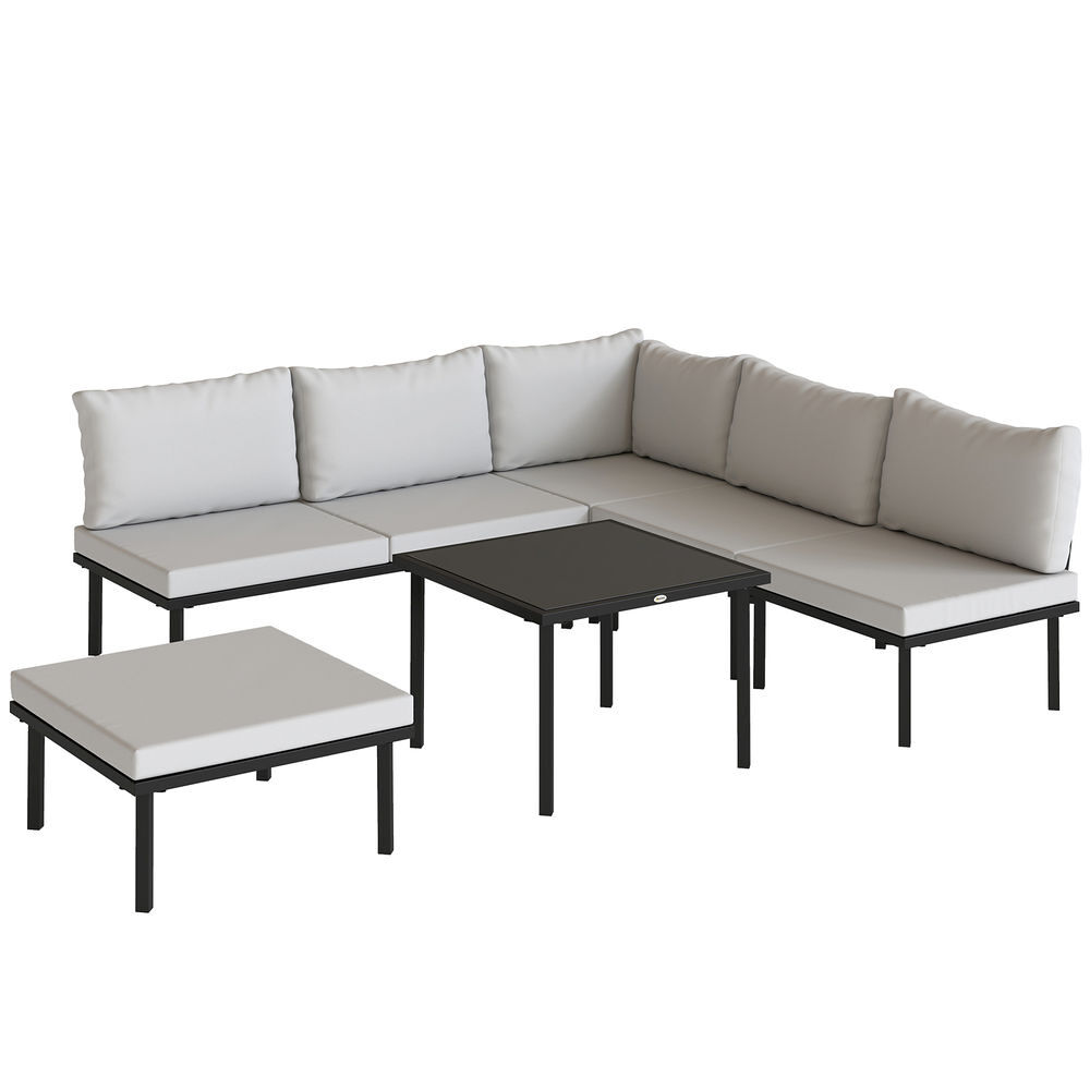 Outsunny conjunto de muebles jardín exterior de 6 piezas sofá exterior seccional forma de l con sofá de 2 plazas módulo de esquina 2 sillones reposapiés mesa con tapa de vidrio y cojines gris claro