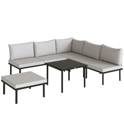 Outsunny Conjunto de Móveis de Jardim Exterior de 6 Peças Sofá Modular em Forma de L com Sofá de 2 Lugares, Módulo de Canto, 2 Assentos, Apoio para Pés e Mesa com Vidro Temperado, Cinzento Claro