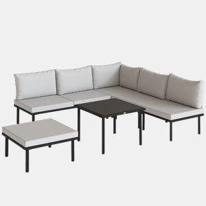 Outsunny Conjunto de Móveis de Jardim Exterior de 6 Peças Sofá Modular em Forma de L com Sofá de 2 Lugares, Módulo de Canto, 2 Assentos, Apoio para Pés e Mesa com Vidro Temperado, Cinzento Claro