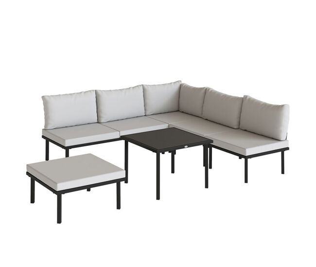 Outsunny conjunto de muebles jardín exterior de 6 piezas sofá exterior seccional forma de l con sofá de 2 plazas módulo de esquina 2 sillones reposapiés mesa con tapa de vidrio y cojines gris claro
