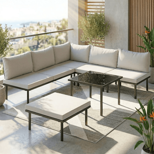 Outsunny Conjunto de Móveis de Jardim Exterior de 6 Peças Sofá Modular em Forma de L com Sofá de 2 Lugares, Módulo de Canto, 2 Assentos, Apoio para Pés e Mesa com Vidro Temperado, Cinzento Claro
