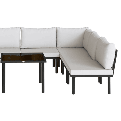 Outsunny Conjunto de Móveis de Jardim Exterior de 6 Peças Sofá Modular em Forma de L com Sofá de 2 Lugares, Módulo de Canto, 2 Assentos, Apoio para Pés e Mesa com Vidro Temperado, Cinzento Claro
