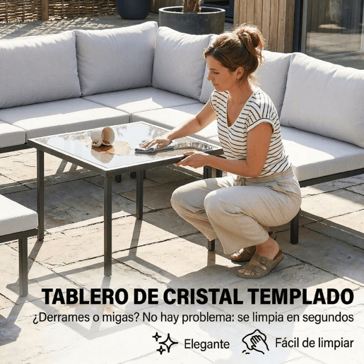 Outsunny Conjunto de Móveis de Jardim Exterior de 6 Peças Sofá Modular em Forma de L com Sofá de 2 Lugares, Módulo de Canto, 2 Assentos, Apoio para Pés e Mesa com Vidro Temperado, Cinzento Claro
