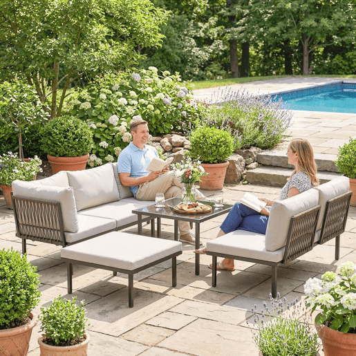 Outsunny Conjunto de Móveis de Jardim Exterior de 6 Peças Sofá Modular em Forma de L com Sofá de 2 Lugares, Módulo de Canto, 2 Assentos, Apoio para Pés e Mesa com Vidro Temperado, Cinzento Claro
