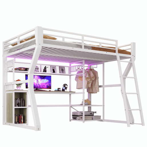 Cama alta 140x200 cm - estrutura metálica com faixa de luz LED, tomada integrada, cabide, secretária, prateleiras e espaço de arrumação na parte inferior - branco