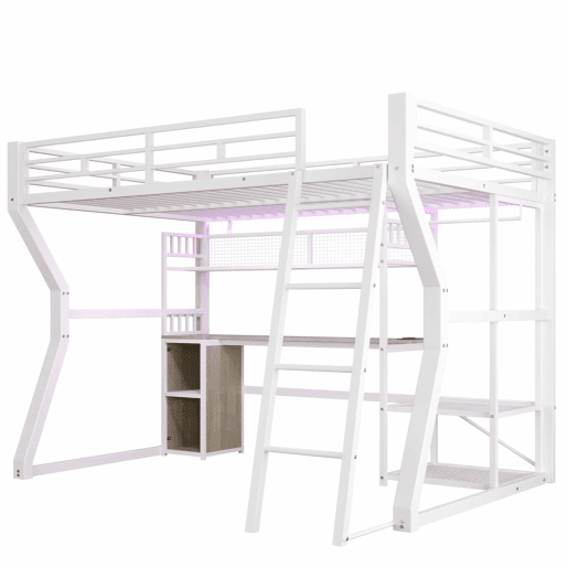 Cama alta 140x200 cm - estrutura metálica com faixa de luz LED, tomada integrada, cabide, secretária, prateleiras e espaço de arrumação na parte inferior - branco