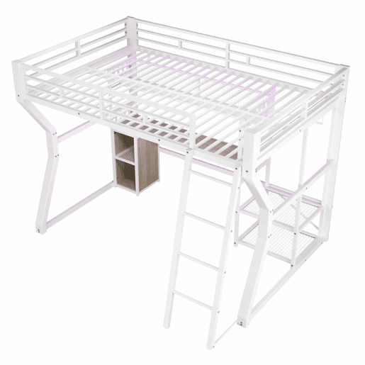 Cama alta 140x200 cm - estrutura metálica com faixa de luz LED, tomada integrada, cabide, secretária, prateleiras e espaço de arrumação na parte inferior - branco