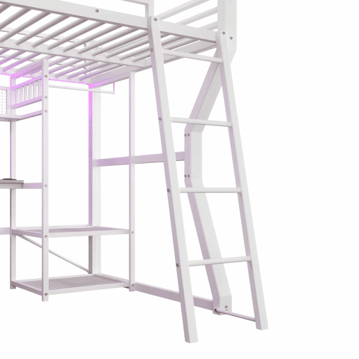 Cama alta 140x200 cm - estrutura metálica com faixa de luz LED, tomada integrada, cabide, secretária, prateleiras e espaço de arrumação na parte inferior - branco