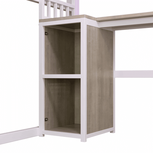 Cama alta 140x200 cm - estrutura metálica com faixa de luz LED, tomada integrada, cabide, secretária, prateleiras e espaço de arrumação na parte inferior - branco