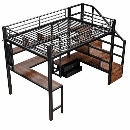 Cama alta 140 x 200 cm - estrutura em ferro com secretária, 2 gavetas, grelha para pendurar objetos, faixa de LED, escadas com espaço de arrumação - preto