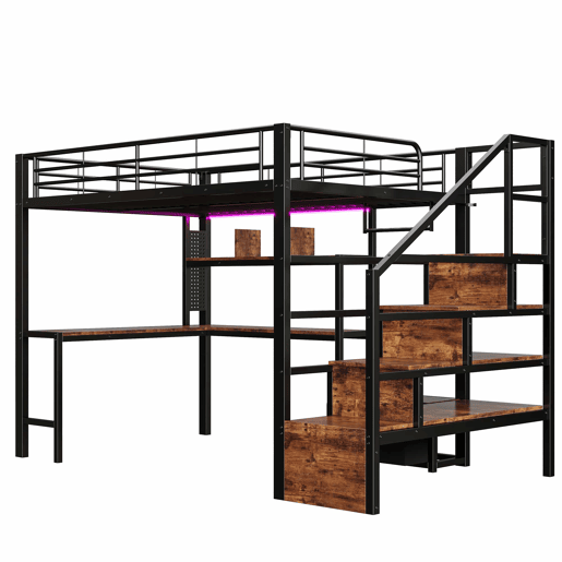 Cama alta 140 x 200 cm - estrutura em ferro com secretária, 2 gavetas, grelha para pendurar objetos, faixa de LED, escadas com espaço de arrumação - preto